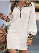 Resim Kadın Uzun Kollu Yakalı Önden Fermuarlı Leopar Detaylı Mini Peluş Elbise Beyaz 