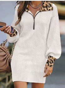 Resim Kadın Uzun Kollu Yakalı Önden Fermuarlı Leopar Detaylı Mini Peluş Elbise Beyaz 