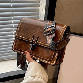 Resim Retro Çok Yönlü Mini Kare Omuz Çantası, Kadınlar İçin Klasik Dokulu Omuz Kapaklı Çanta 