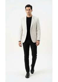 Resim Plus Scorpion Erkek Karyağdı Desenli Slim Fit Blazer Ceket Siyah & Bej Şık Günlük Ve Ofis Kombin Bej 