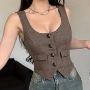 Resim Kadınlar için Y2K Şık Kolsuz Houndstooth Desenli Mini Rüzgarlık Yelek 