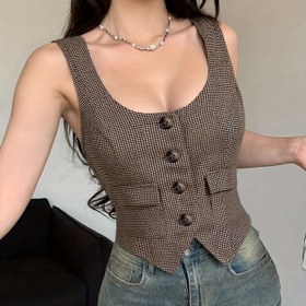 Resim Kadınlar için Y2K Şık Kolsuz Houndstooth Desenli Mini Rüzgarlık Yelek 