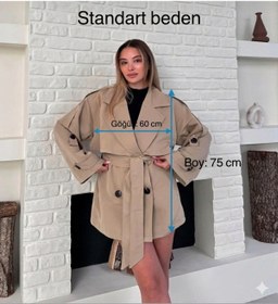 Resim timagna Kadın Bej Trençkot Cepli Kuşaklı Rüzgar Kapaklı Yeni Sezon Dış Giyim 