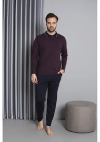 Resim Tampap Erkek Düğmeli Desenli Uzun Kollu Pijama Takımı 16585 Bordo Bordo 