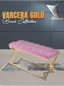 Resim Gazzini furniture Varcera Gold Bench Çapraz Metal Ayaklı Kapitoneli Model Pembe Puf 