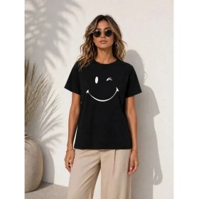 Resim Marsilyan Minimal Gülümseyen Yüz Baskılı Tişört Kısa Kol Yazlık T-Shirt - Siyah 