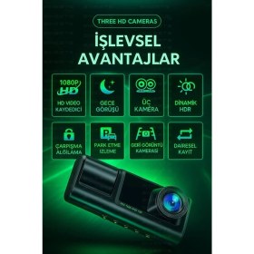 Resim Marsilyan Wifi 1080P Araç Içi 3 Kameralı LCD Ekranlı Gece Görüşlü , G-Sensör , Geri Görüş Kamera 