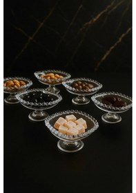 Resim 6 Lı Cam Ayaklı Kahve Yanı Lokumluk Kahvaltılık Boncuklu Kase Sunumluk Şeffaf 