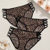 Resim 3 Adet Kadın Seksi Leopar Desenli İç Çamaşırı - Nefes Alabilen Polyester Spandeks Karışımı, Düşük Bel Detaylı, Çapraz Bant Tasarım, Elde Yıkanabilir 