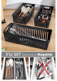 Resim 3'lü Modüler Kaşıklık Seti - Mutfak Düzenleyici Çekmece İçi Organizer Bıçaklık Kepçelik Siyah Siyah 