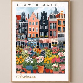 Resim Amsterdam Flower Market Print - Canal Houses Tulip Cityscape Art - Wooden Frame - Natural / 16 x 20" (40x50 cm) 