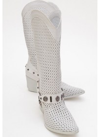 Resim Lıza Beyaz Cilt Kemerli Kalın Topuklu Kadın Yazlık Çizme Beyaz 