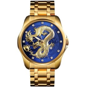 Resim Rogfer Skmeı 9193 Erkekler Altın Ejderha Desenli Takvim Kadranı Aydınlık Kuvars Saat Altın Mavi Çok Renkli Çok Renkli 