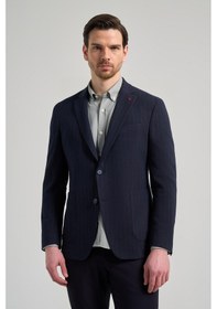 Resim İmza Çizgili Desen Gofreli Mono Yaka Esnek 6 Drop Slim Fit Ceket 1002250122 Koyu Lacivert 