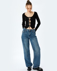 Resim Koton Fiyonklu V Yaka Slim Fit Crop Triko Hırka Siyah 5sal90020ht Siyah 