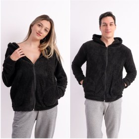Resim Sweets Collection Unisex Kapüşonlu Polar Welsoft Peluş Siyah Ceket 