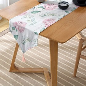 Resim Beyaz Zeminli Yeşil Yapraklı Ortanca Çiçek Dijital Baskılı Özel Tasarım Püsküllü Şönil Üçgen Runner 