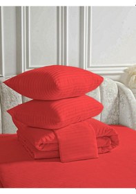 Resim Line Kırmızı Pamuk Saten Çift Kişilik Nevresim Takımı Lastiksiz Ç Kırmızı 