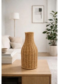Resim Hasır Rattan Dekoratif Vazo Aksesuar Çiçek Vazosu 30 14cm Açık Kahve 