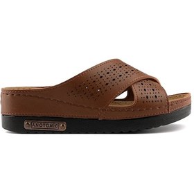 Resim Kadın Ortopedik Yumuşak Tabanlı Terletmeyen Çift Bantlı Hasır Tipi Delikli Rahat Anne Ev İçi Terliği Taba 