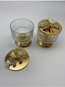 Resim 2'li Ayaklı Gold Elysia Cam Magnolia Kasesi, Çerez, Tatlı Kasesi 