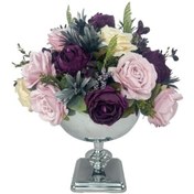 Resim Yapay Çiçek Aranjmanı Büyük Boy Mürdüm Pembe Tonlar Gümüş Metal Vazolu Arajman Nişan Kız İsteme Çiçeği 