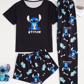 Resim Kadınlar için Siyah Arka Plan Konumlandırma Hasır Dikiş Stili Kısa Kollu Şort ve Uzun Pantolon Üç Parça Kadın Pijama Takımı 