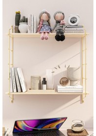 Resim Bino Duvar Rafı Masif Doğal Ahşap Büyük Boy Geniş 2 Katlı Gold Kitaplık Terek Mutfak Rafı Banyo Rafı 