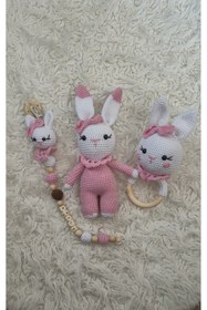Resim El Emeği Sevimlikız tavşan 3lü amigurumi yeni doğan set uyku ve oyun arkadaşı 