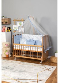Resim Ahşap Beşik Anne Yanı Beşik Vernikli 60x120 - Mavi Nakış Uyku Seti + Yatak + Tekerlekli Ahşap 