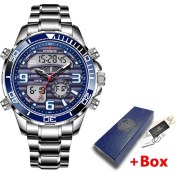 Resim Hanyang Mavi Lıge Saatler Erkekler Için Lüks Marka Çift Ekran Chronograph Spor Kuvars Kol Saati Su Geçirmez Askeri Tam Çelik Aydınlık Saat (Yurt Dışından) 