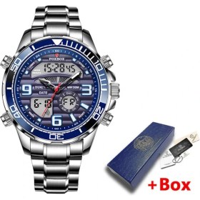 Resim Hanyang Mavi Lıge Saatler Erkekler Için Lüks Marka Çift Ekran Chronograph Spor Kuvars Kol Saati Su Geçirmez Askeri Tam Çelik Aydınlık Saat (Yurt Dışından) 