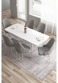 Resim Canisa Tia Serisi Açılabilir Mdf Mutfak Masası Takımı Beyaz Masa Krom Detay 6 Gri Sandalye Masa Beyaz Sandalye Gri 