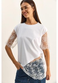 Resim Shade Kadın Bisiklet Yaka Dantel Garnili Asimetrik Kesim Relaxed Fit T-shirt 2225 60286125 - Beyaz 