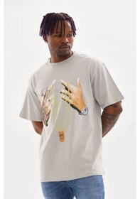 Resim Yake Store Unisex Baskılı Oversize T-shirt - Gri - Gri Beyaz 