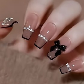 Resim 24 Adet Bale Tarzı Fransız Modası 3D Zincir Tatlı Şık Fiyonk Tüm Kadınlar İçin Uygun Tırnak Törpüsü ve Jöle Yapıştırıcı Dahil Kolay Uygulanabilir Set 