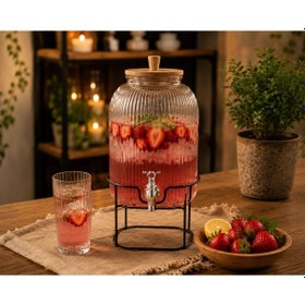 Resim Çizgili Cam Sebil Damacana Şerbetlik Bambu Kapaklı Ferforje Ayaklı 8 Litre Şeffaf 