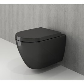 Resim Bocchi Venezia Asma Klozet Rimless Kanalsız. Parlak Siyah Kapak H 