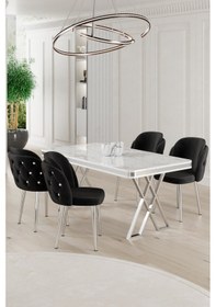 Resim Canisa Rigel Serisi 80x130 Lak Panel Beyaz Mermer Desen Masa Takımı Krom Ayaklı 4 Siyah Sandalye Beyaz Mermer Desen Masa Sandalyeler Siyah 