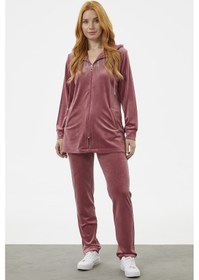 Resim Tam Fermuarlı Kadife Taşlı Eşofman Takım - Gül Kurusu 001 