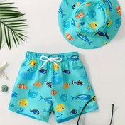 Resim Erkek Çocuklar için Plaj Şortları ve Uygun Şapka - Sevimli Karikatür Balık Baskı, %95 Polyester %5 Spandeks, Elastik Bel Bandı & Rahat Kesim Yaz Tatili, Plaj Partileri, Havuz Oyunları (3 Yaş ve Üzeri) 