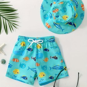 Resim Erkek Çocuklar için Plaj Şortları ve Uygun Şapka - Sevimli Karikatür Balık Baskı, %95 Polyester %5 Spandeks, Elastik Bel Bandı & Rahat Kesim Yaz Tatili, Plaj Partileri, Havuz Oyunları (3 Yaş ve Üzeri) 