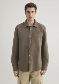 Resim Keten Karışımlı Kahverengi Tencel Gömlek Regular Fit / Normal Kesim 0211377-70376 Kahverengi 