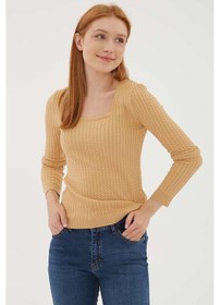 Resim Fashion Friends Kadın Kare Yaka Saç Örgülü Kazak 23k0405k1 Camel 