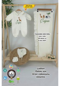 Resim Gros Shop Müslin Yeni Doğan 4katlı Organik %100pamuk Kişiye Özgü Nakışlı Hastane Çıkış Seti-safari Model-2 Ekru 