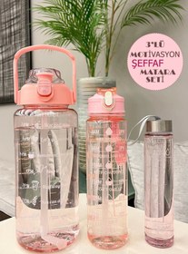 Resim Maridet 3'lü Şeffaf Stickerlı Motivasyonel Su Matarası Su Şişesi Taşınabilir Matara Seti 