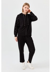 Resim Desen Triko Kadın Triko Taş Baskılı Kapüşonlu Yazlık Sweatshirt Siyah Siyah 