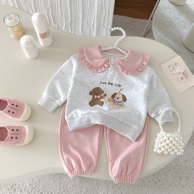Resim 2'li Kız Çocuk İlkbahar/Sonbahar Kıyafet Seti - Sevimli Çizgi Film Ayı & Köpek Baskılı Kapüşonlu Sweatshirt & Uyumlu Pantolon, Yumuşak Örme Kumaş, Bol Kesim, Düğme Detaylı, Dış Mekan İçin Mükemmel, Eğlenceli Bebek Giyim, Rahat Bebek Giyim, kız çocuk takım, kız çocuk kışlık giyim 
