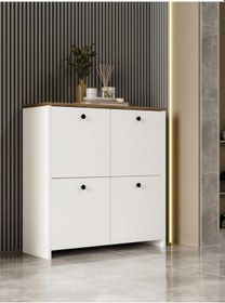 Resim Kuzeylife Shiva Ayakkabılık 4 Kapaklı 4 Raflı Çok Amaçlı Dolap Beyaz-safir Meşe Beyaz 