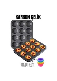 Resim 12 Li Muffin Kalıbı Teflon Çelik 100 Muffin Kağıtlı 719516 Renkli 